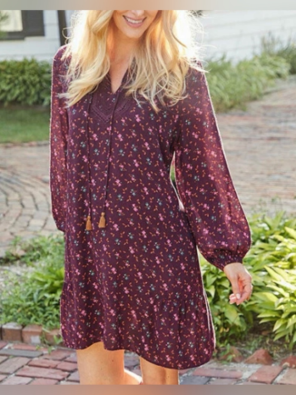 Matilda Jane Local Luxuries Boho Dress Burgundy Floral Crochet Tassel L NWT